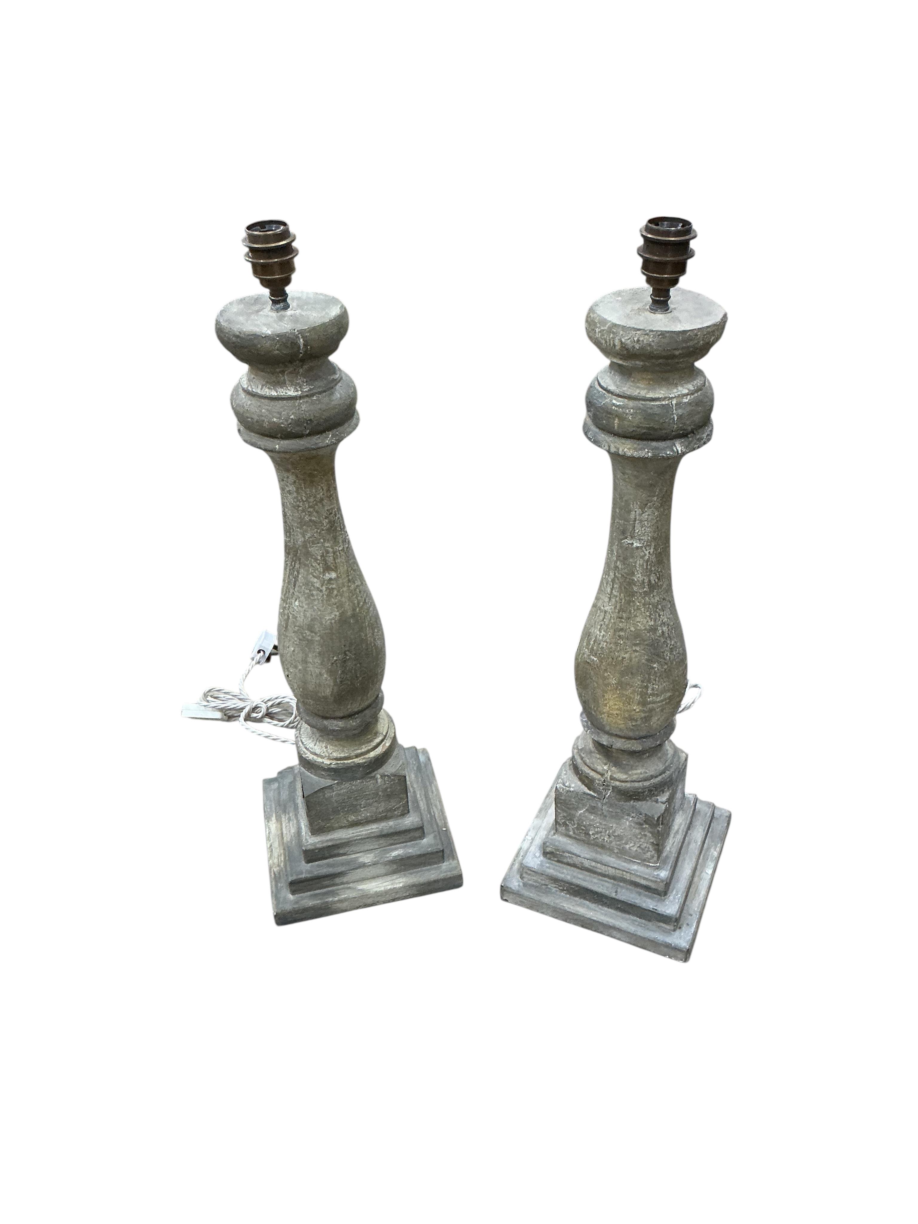 A pair of 18th century style painted baluster table lamps, rewired and pat tested, height with fixings 78cm, Provenance: From the private collection of leading British architect and designer, Graham Morrison OBE. From hi